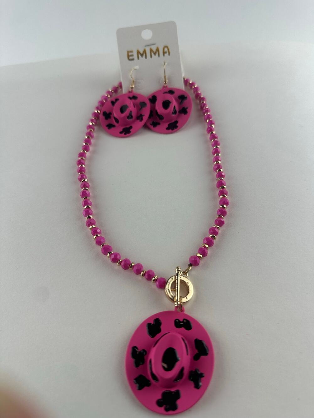 EMMA Western Pink Cow Print Cowboy Hat Pendant Necklace and Earring Set